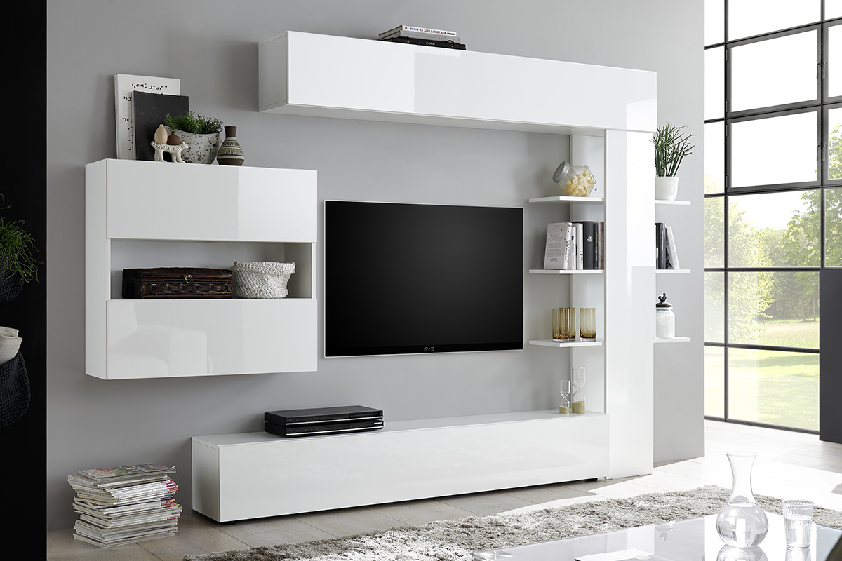 Composicin TV de pared lacado blanco brillante ETERNEL