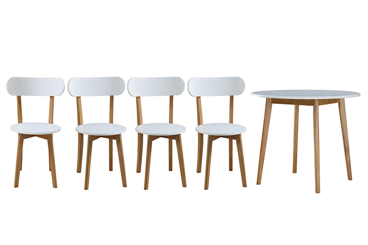 Conjounto mesa y 4 sillas blanco y madera LEENA