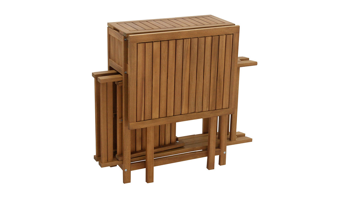 Conjunto de 2 sillas plegables y 1 mesa de balcn abatible con almacenaje de madera maciza PRADO