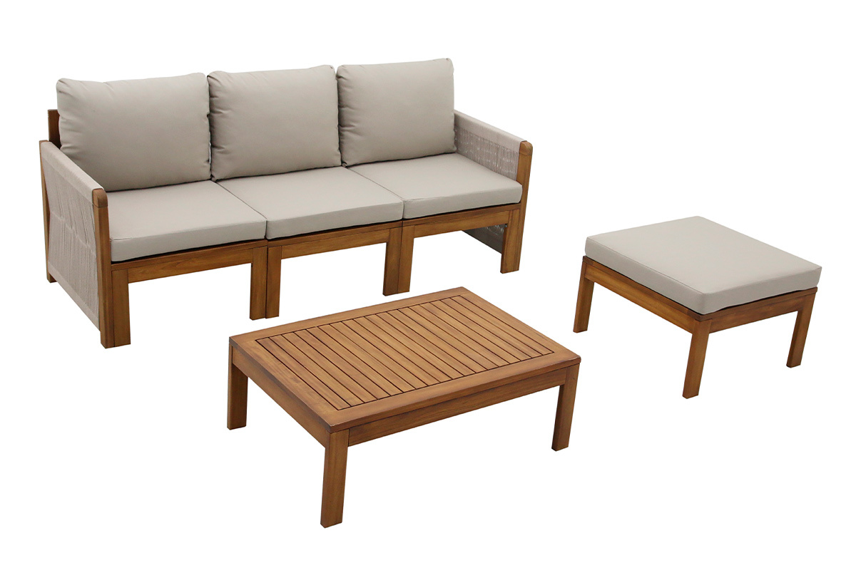 Conjunto de jard�n 3-4 plazas en madera maciza, 2 juegos de fundas (taupe o crudo) y reposabrazos trenzados ALOHA