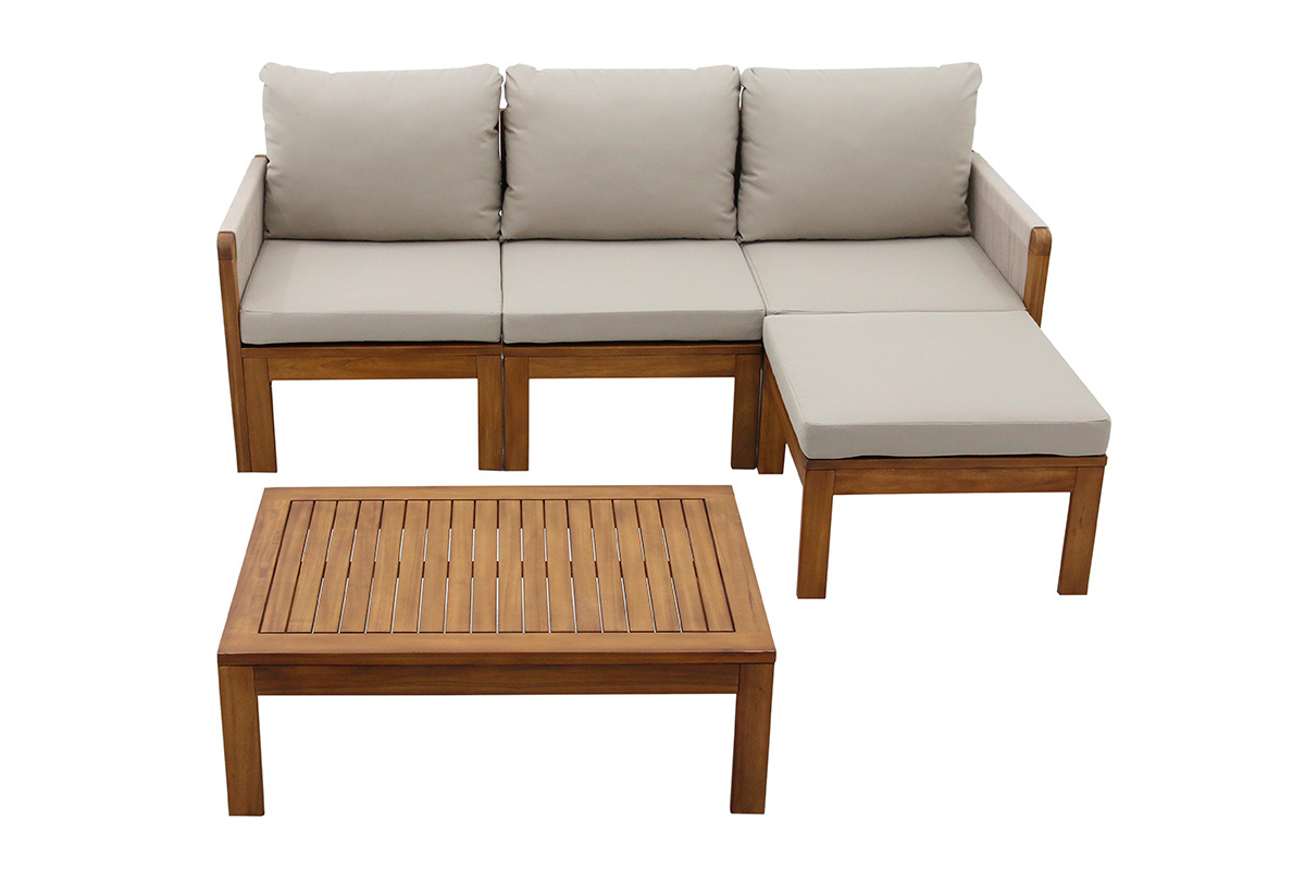 Conjunto de jard�n 3-4 plazas en madera maciza, 2 juegos de fundas (taupe o crudo) y reposabrazos trenzados ALOHA