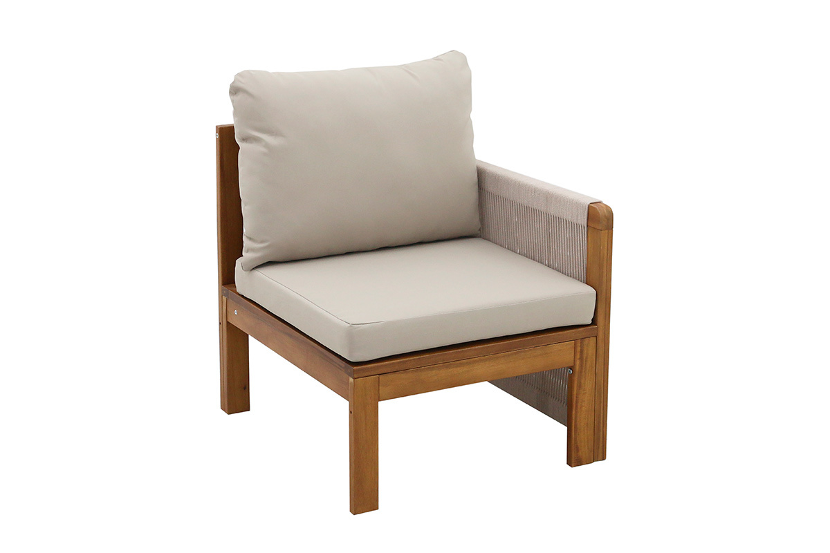 Conjunto de jard�n 3-4 plazas en madera maciza, 2 juegos de fundas (taupe o crudo) y reposabrazos trenzados ALOHA
