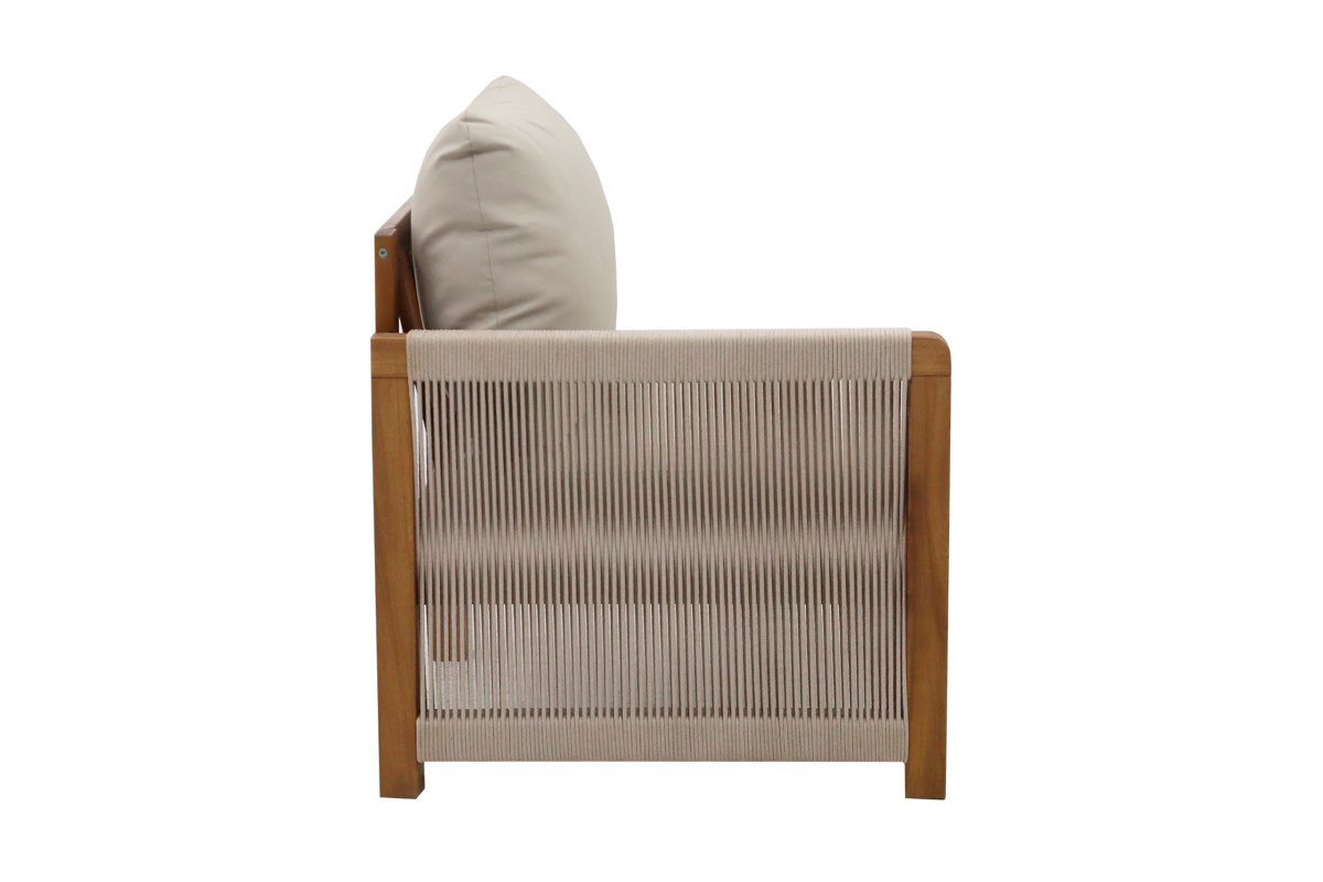 Conjunto de jard�n 3-4 plazas en madera maciza, 2 juegos de fundas (taupe o crudo) y reposabrazos trenzados ALOHA