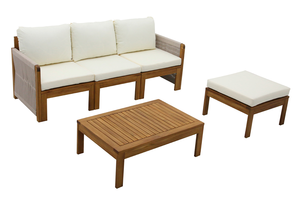 Conjunto de jard�n 3-4 plazas en madera maciza, 2 juegos de fundas (taupe o crudo) y reposabrazos trenzados ALOHA