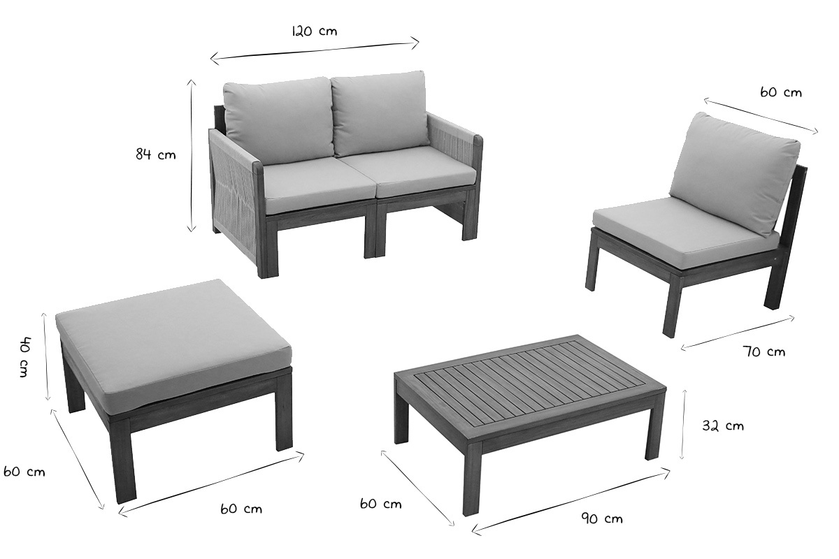 Conjunto de jard�n 3-4 plazas en madera maciza, 2 juegos de fundas (taupe o crudo) y reposabrazos trenzados ALOHA