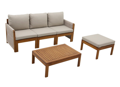 Conjunto de jard&iacute;n 3-4 plazas en madera maciza, 2 juegos de fundas (taupe o crudo) y reposabrazos trenzados ALOHA