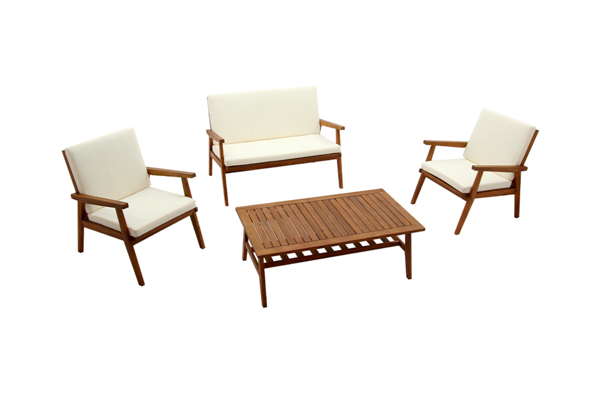 Conjunto de jardn de acacia maciza con cojines beige TIAGA