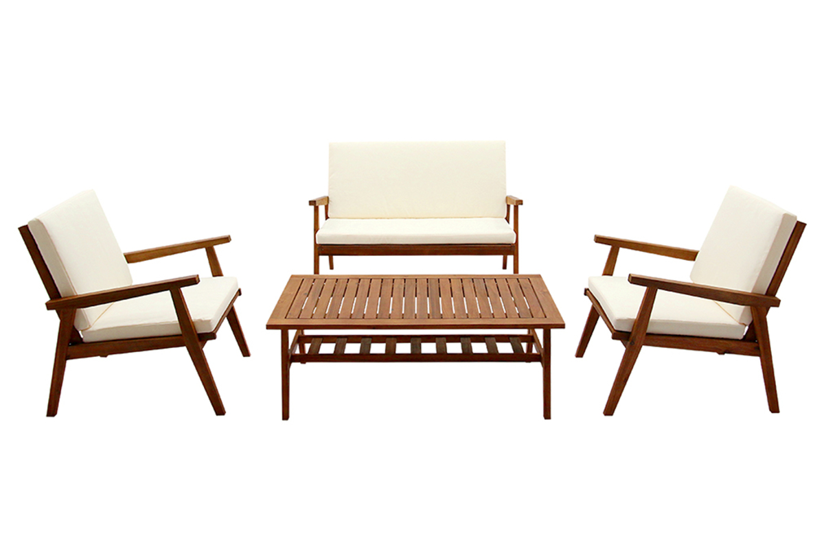 Conjunto de jardn de acacia maciza con cojines beige TIAGA