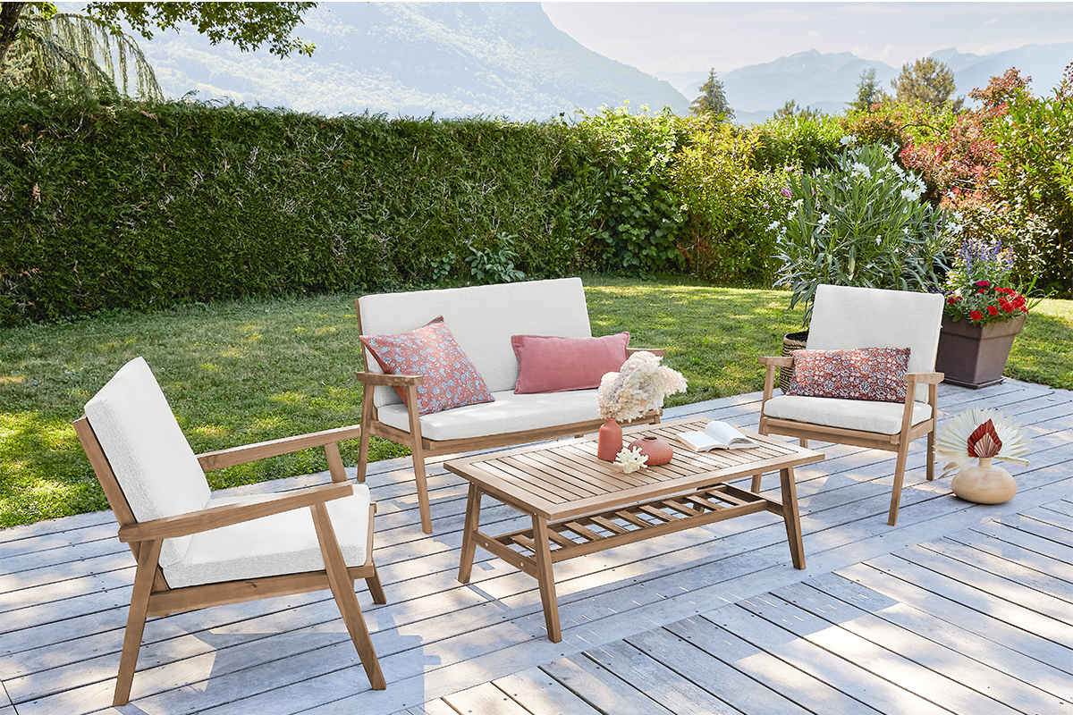 Conjunto de jardn de acacia maciza con cojines beige TIAGA