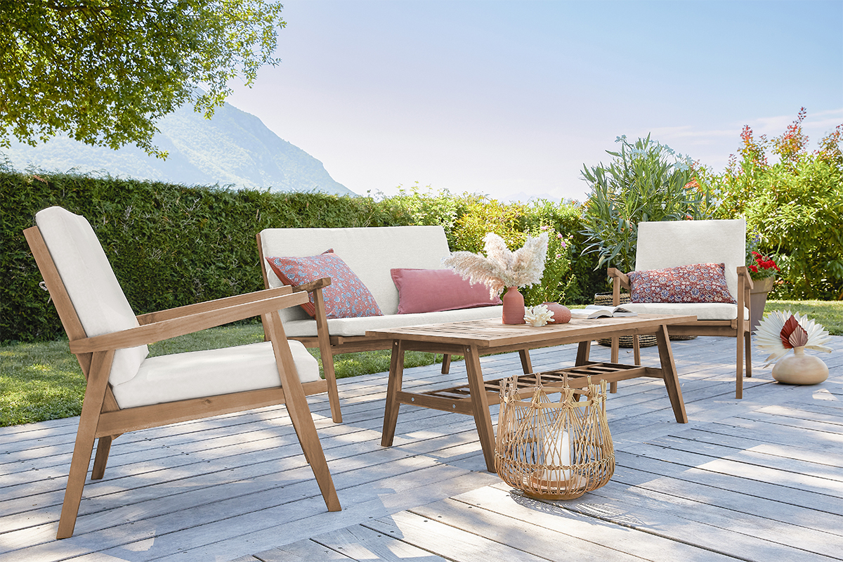 Conjunto de jardn de acacia maciza con cojines beige TIAGA