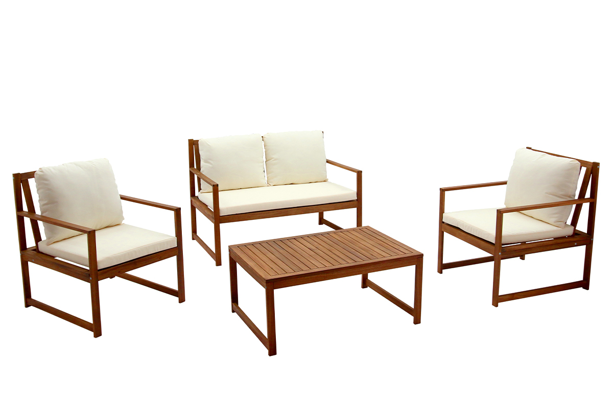 Conjunto de jardín de acacia maciza y tela beige COSTA