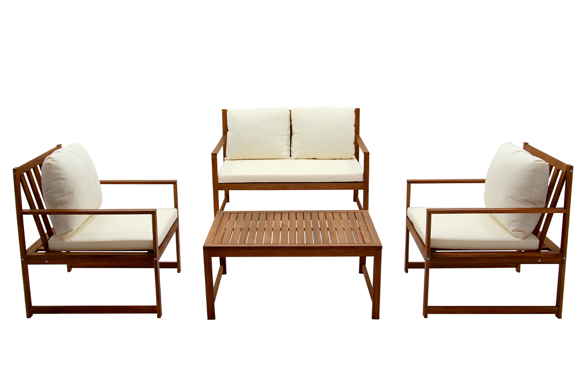 Conjunto de jardín de acacia maciza y tela beige COSTA