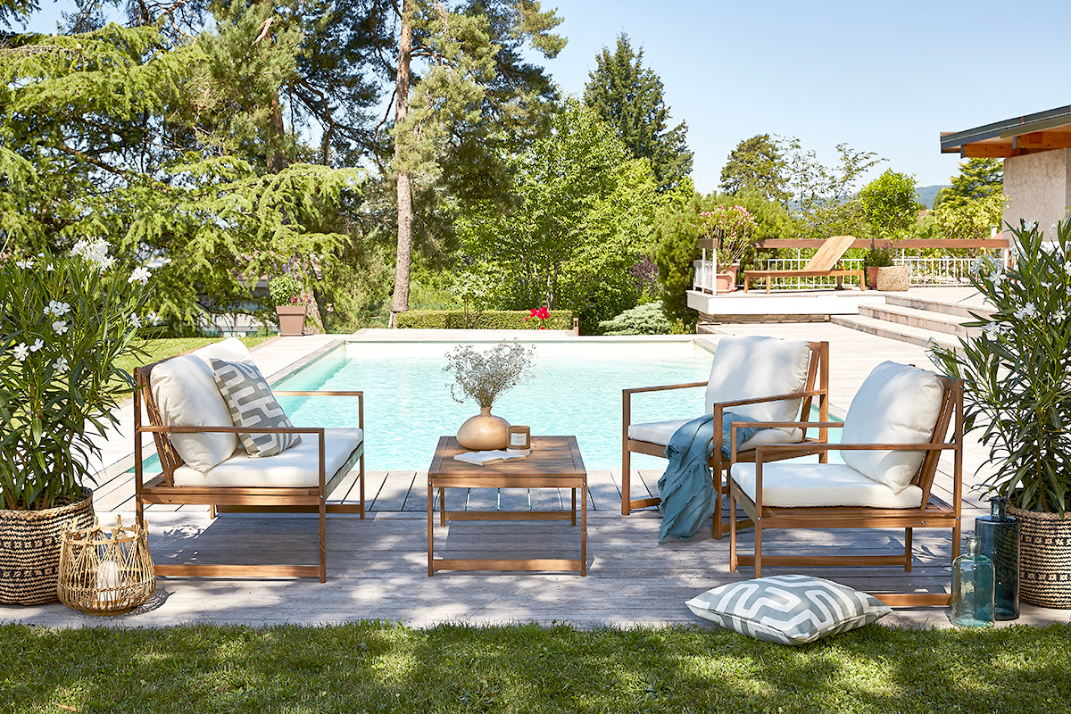 Conjunto de jardín de acacia maciza y tela beige COSTA