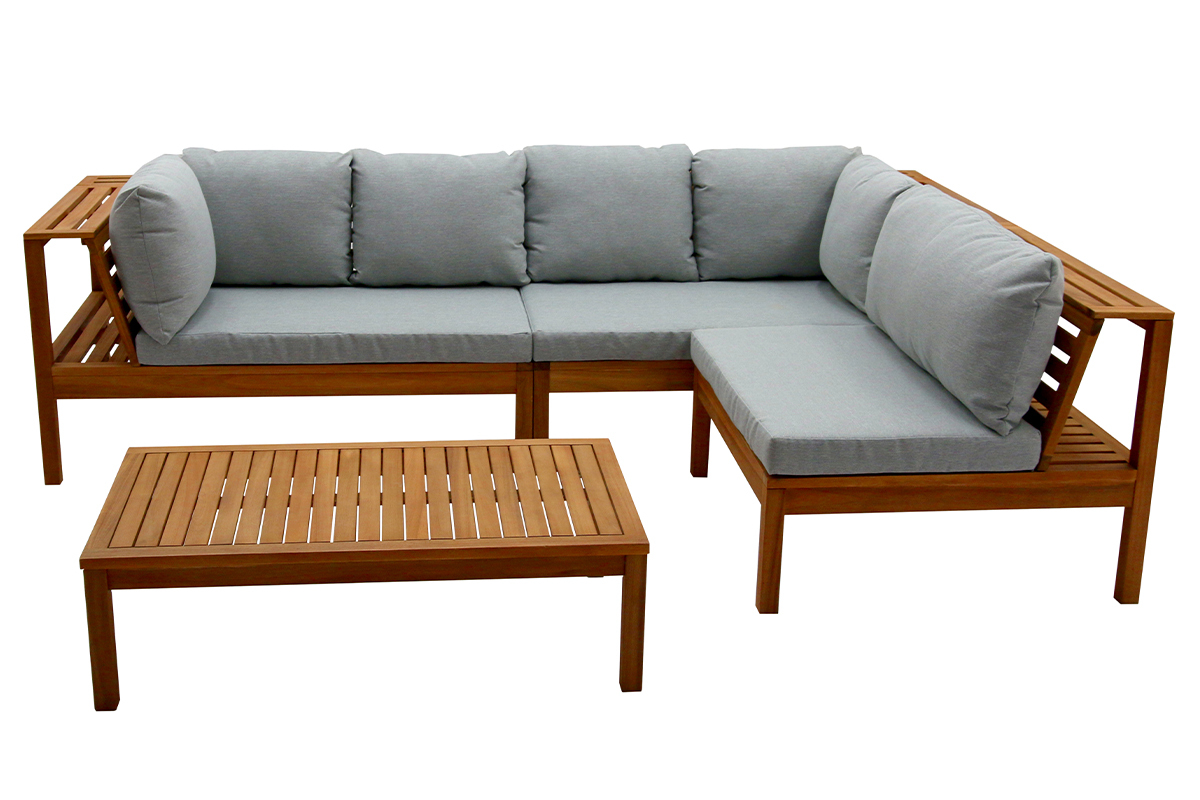 Conjunto de jardn esquinero de acacia maciza con cojines gris jaspeado BELIZE