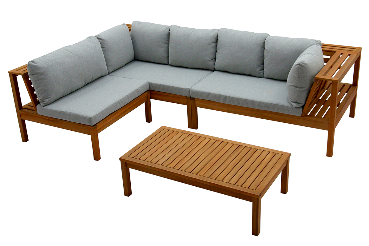 Conjunto de jardn esquinero de acacia maciza con cojines gris jaspeado BELIZE
