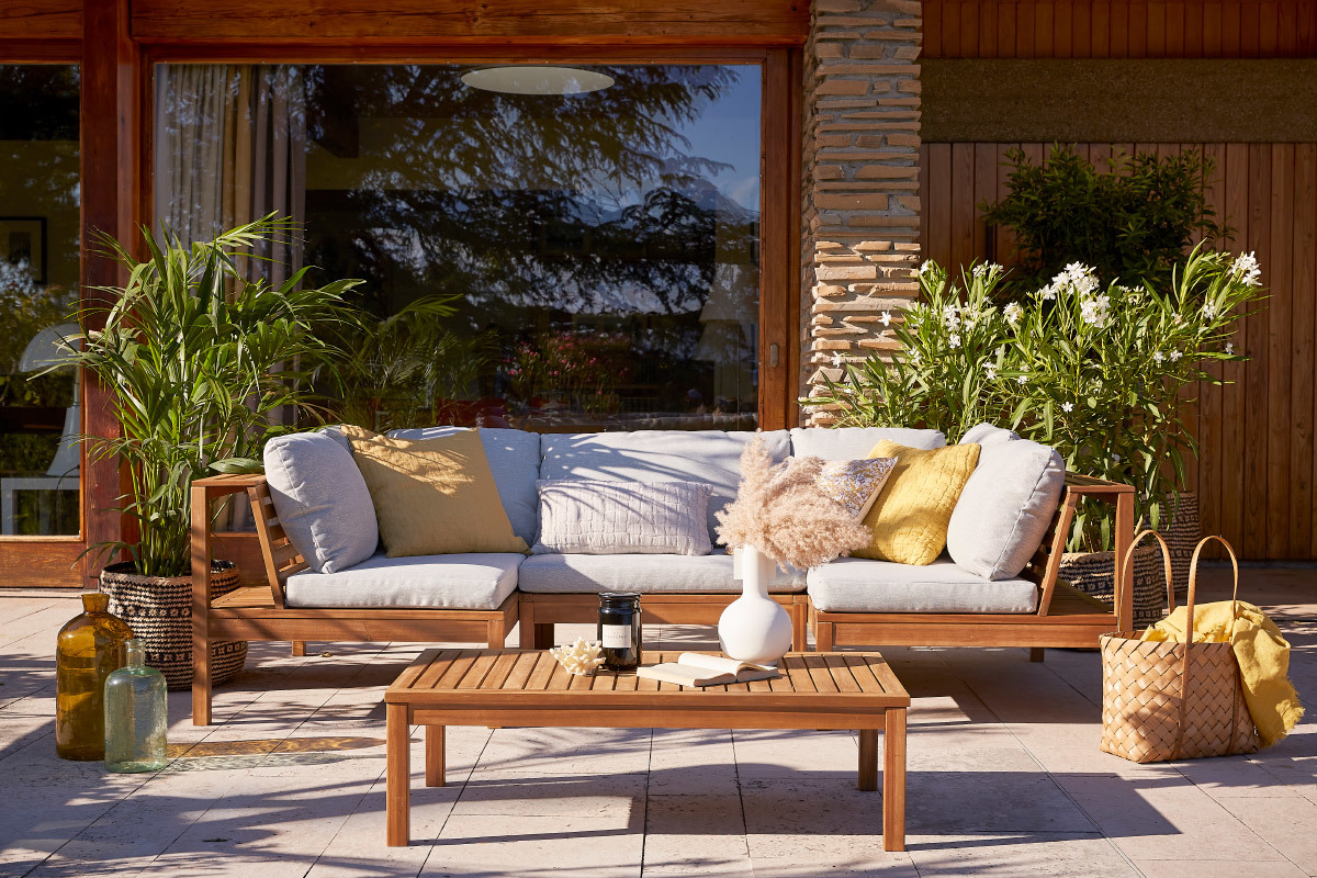 Conjunto de jardn esquinero de acacia maciza con cojines gris jaspeado BELIZE
