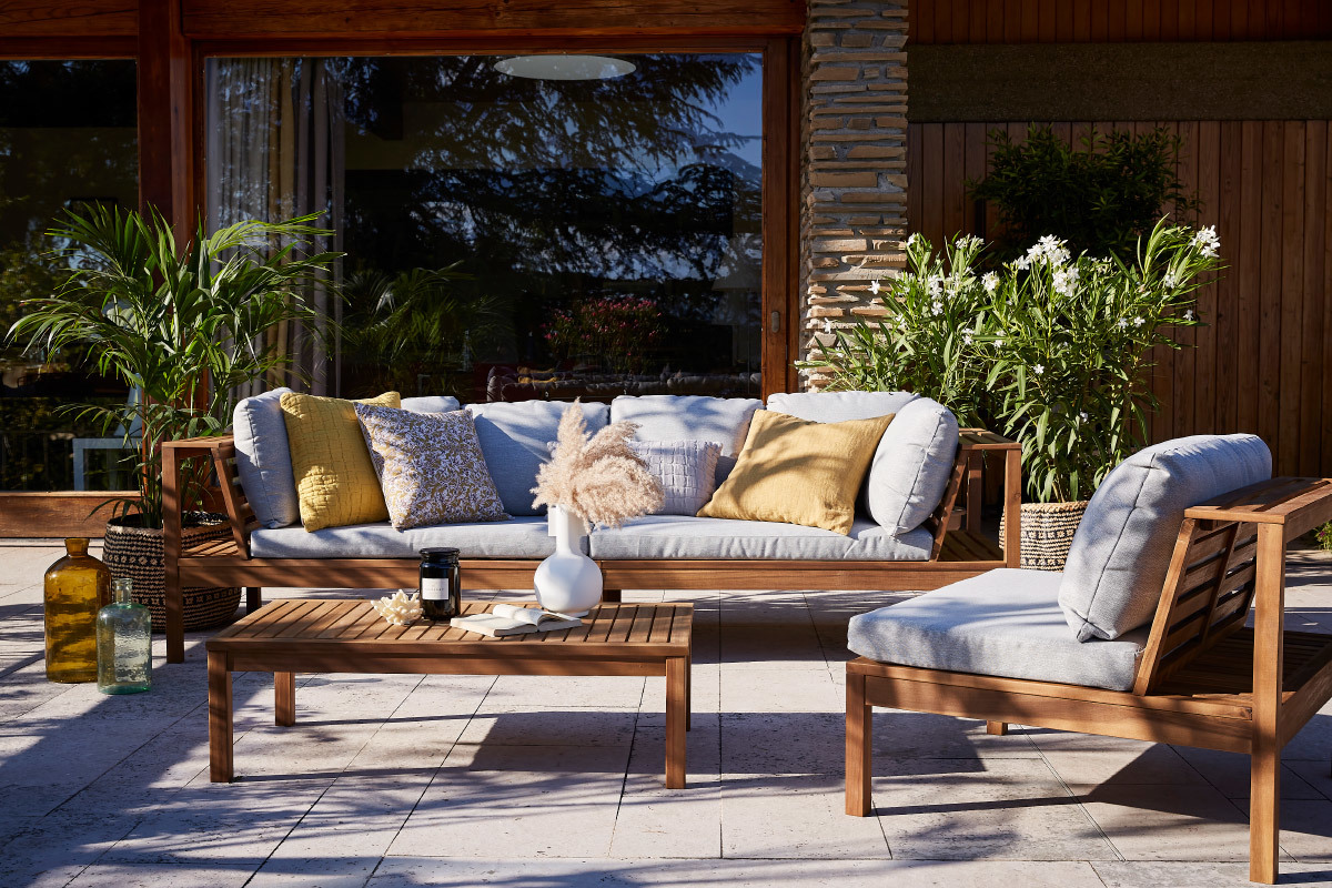 Conjunto de jardn esquinero de acacia maciza con cojines gris jaspeado BELIZE