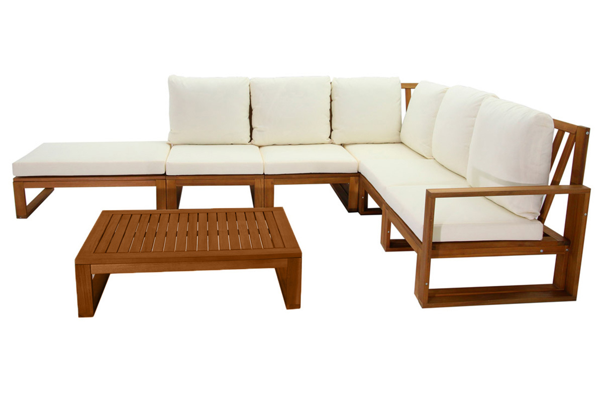 Conjunto de jardn esquinero de madera maciza 6-8 plazas con cojines desenfundables beige natural SALSA