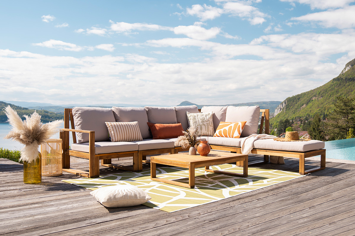 Conjunto de jardn esquinero de madera maciza 6-8 plazas con cojines desenfundables color topo natural SALSA