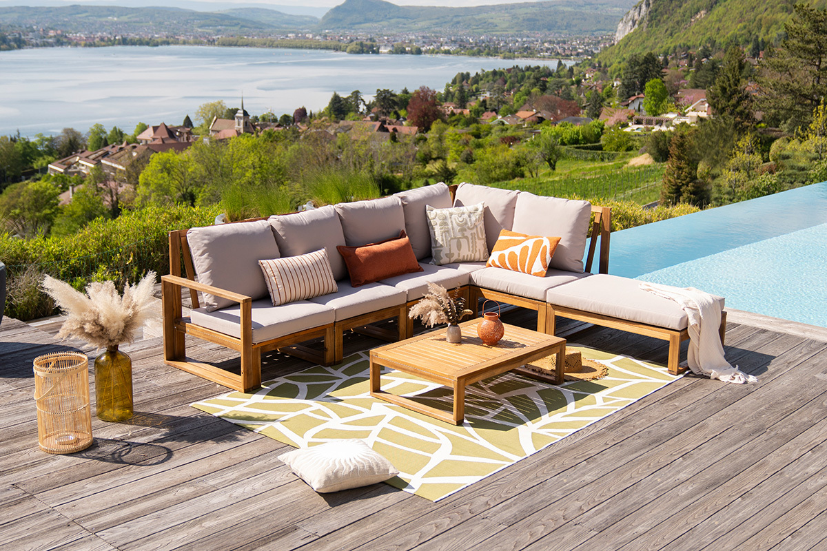 Conjunto de jardn esquinero de madera maciza 6-8 plazas con cojines desenfundables color topo natural SALSA