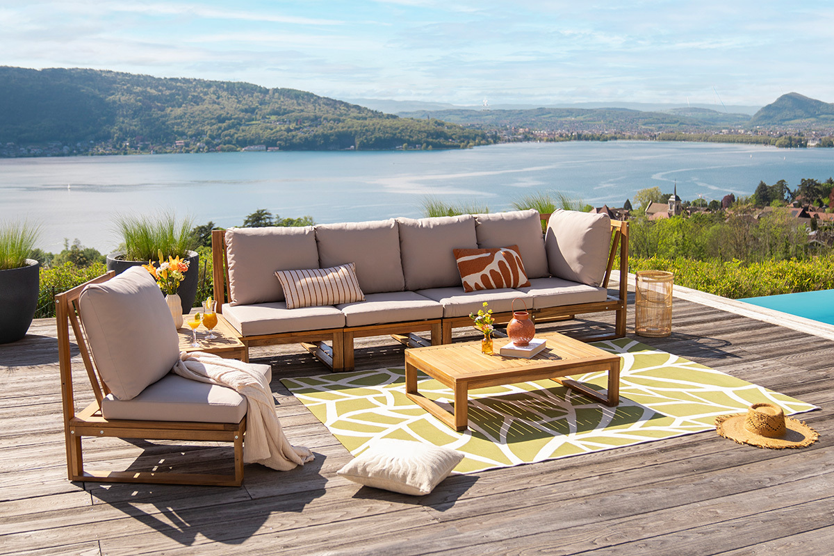 Conjunto de jardn esquinero de madera maciza 6-8 plazas con cojines desenfundables color topo natural SALSA