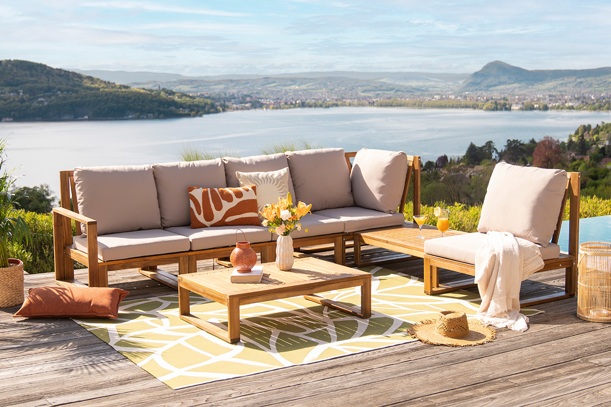 Conjunto de jardn esquinero de madera maciza 6-8 plazas con cojines desenfundables color topo natural SALSA