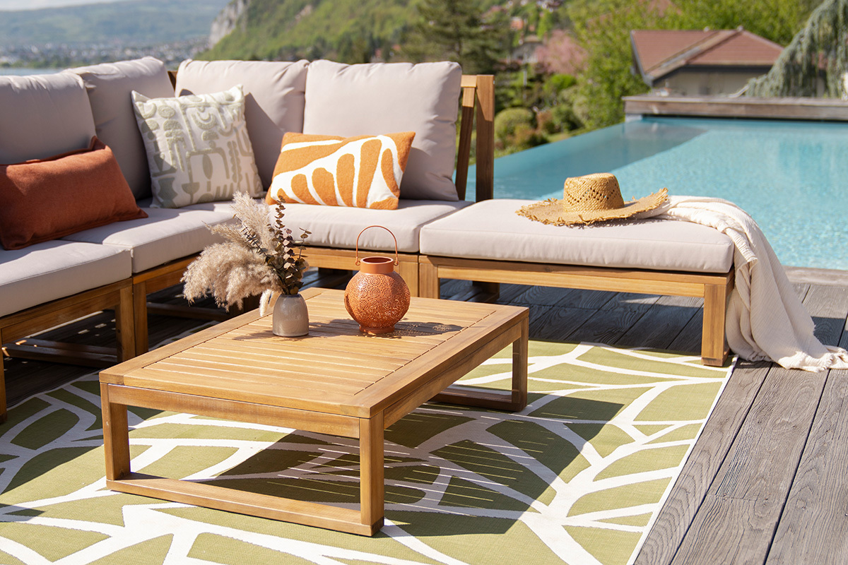 Conjunto de jardn esquinero de madera maciza 6-8 plazas con cojines desenfundables color topo natural SALSA