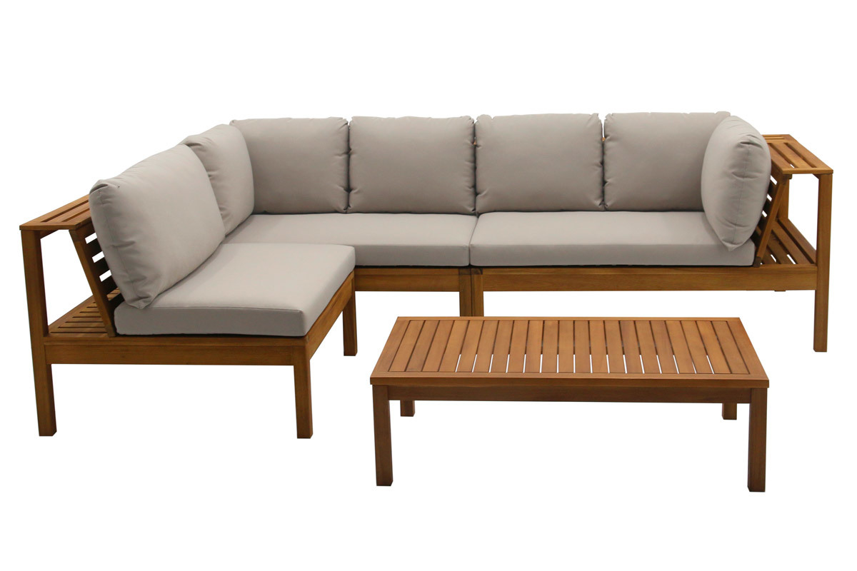 Conjunto de jardn esquinero de madera maciza con cojines de color topo desenfundables BELIZE