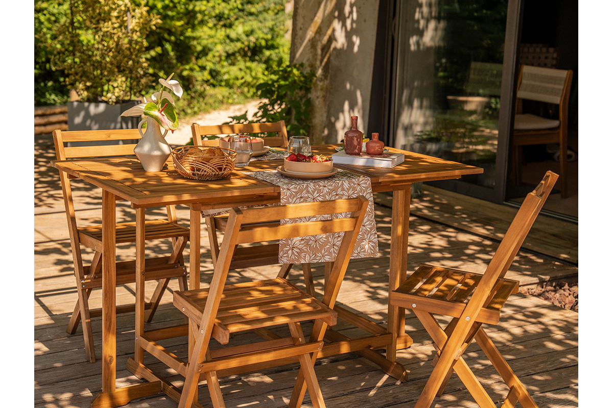 Conjunto de mesa extensible con almacenaje y 4 sillas plegables de madera maciza CARMEN