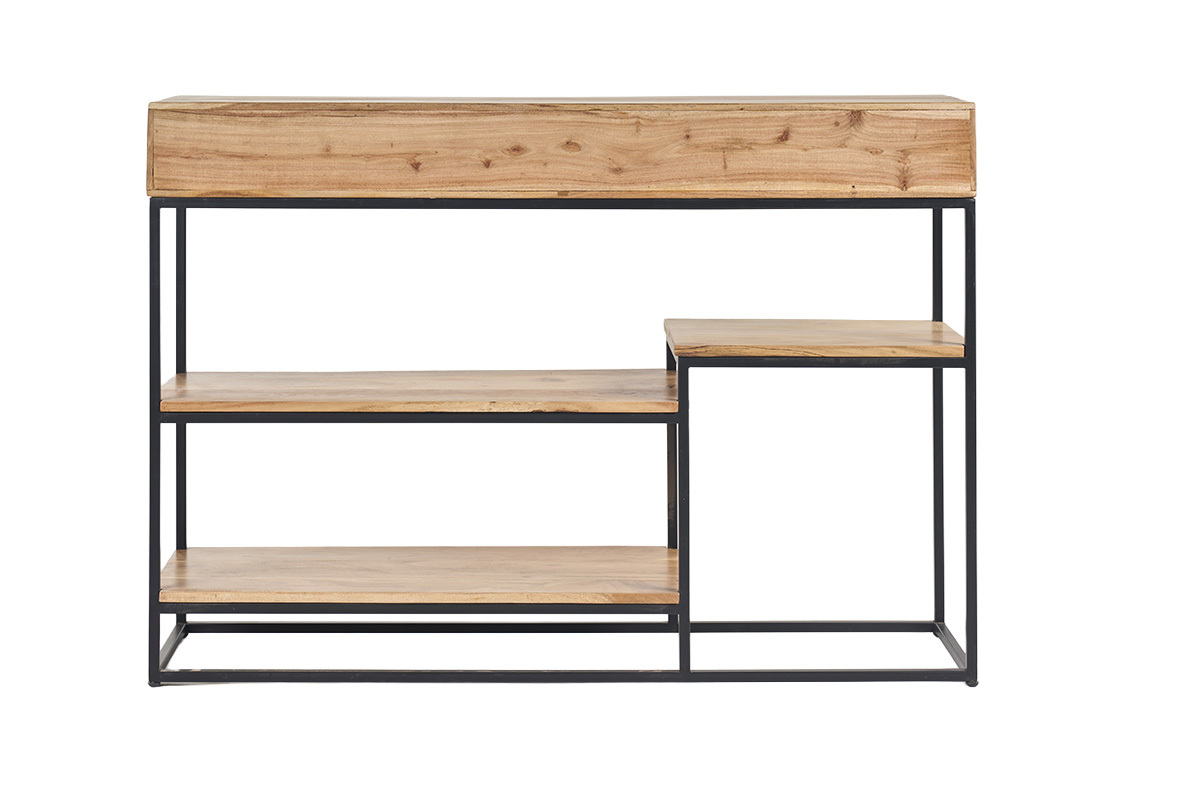 Consola industrial de madera de acacia y metal negro vista desde atr�s.