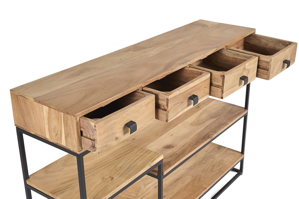 Consola industrial de madera de acacia y metal negro con 4 cajones abiertos, vista de 3/4.
