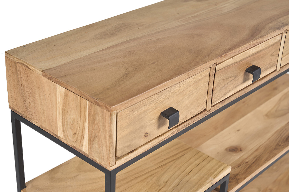 Consola industrial de madera y metal con 4 cajones y estantes, vista ampliada.