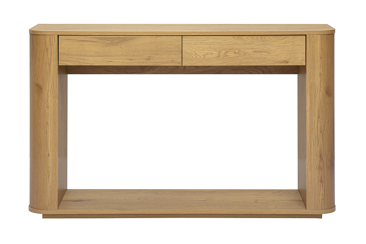 Consola de madera clara de roble con 2 cajones, vista frontal, dise�o depurado, longitud 120 cm.