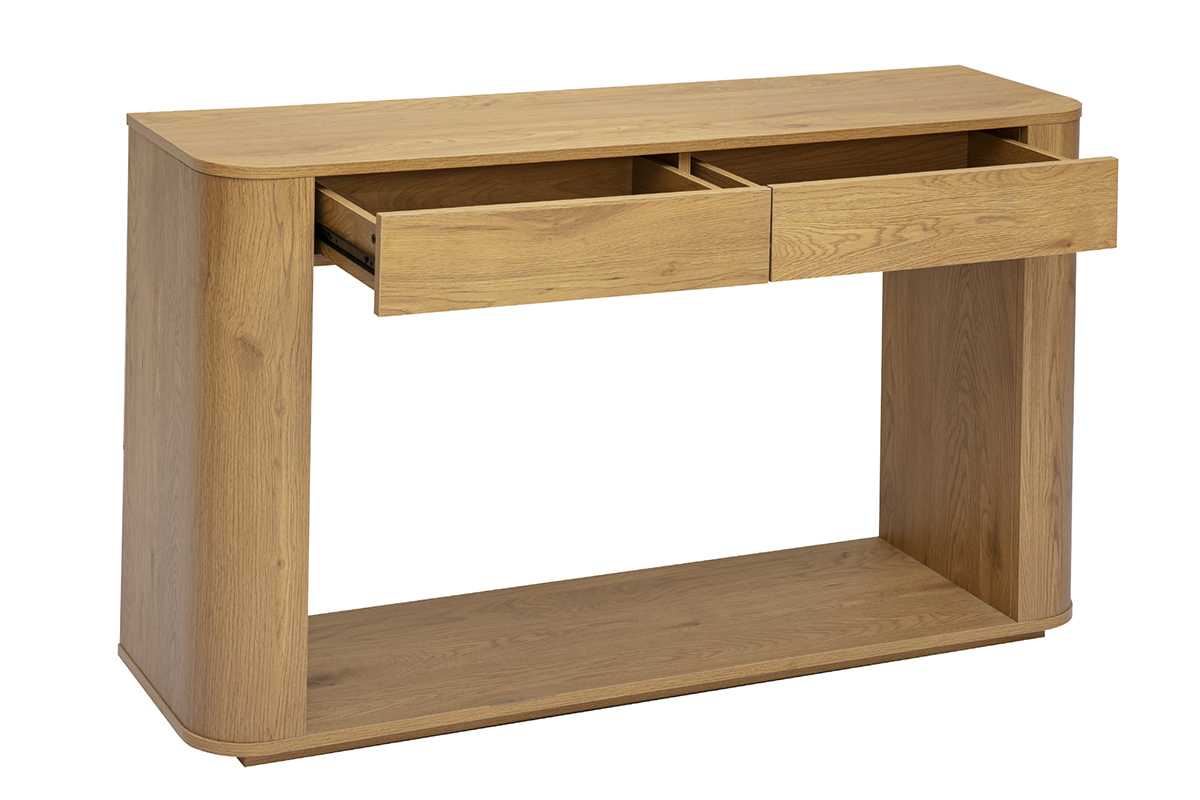 Consola de madera clara de roble con 2 cajones, vista de 3/4, dise�o depurado.