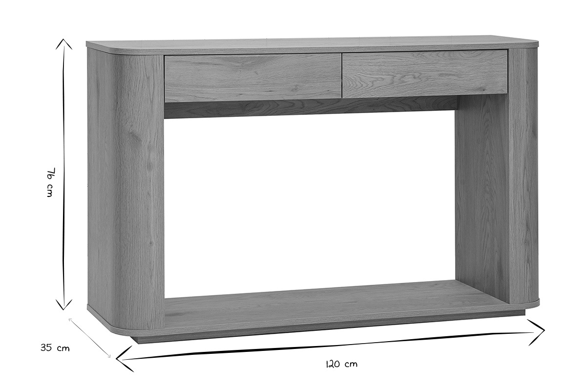 Dimensiones de la consola NEGAN en negro y blanco: L120 cm, H76 cm, P35 cm.