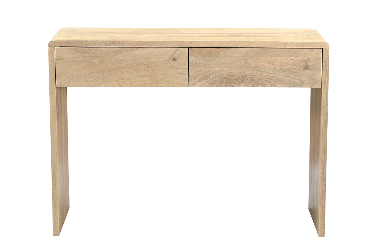 Consola LATIKA de madera clara de mango con dos cajones, vista frontal
