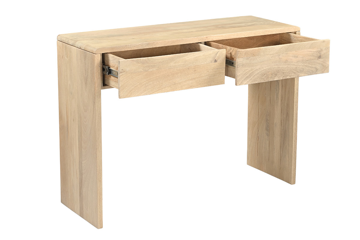 Consola de madera clara de mango maciza con dos cajones, vista de 3/4