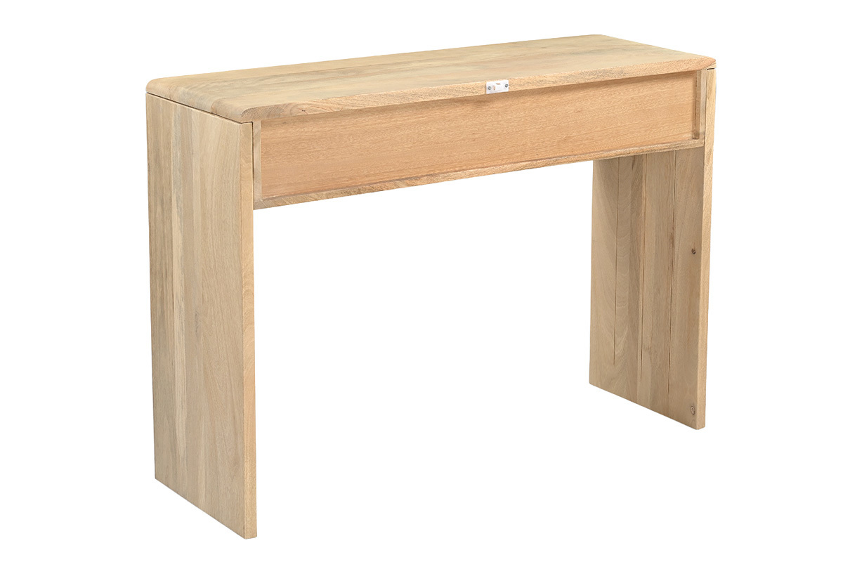 Consola de madera clara de mango macizo L105 cm con compartimentos y caj�n, vista trasera.