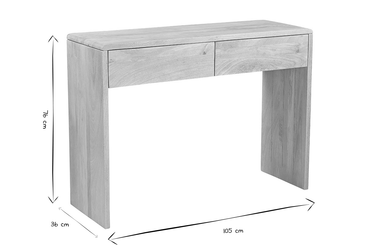 Consola de madera clara de mango macizo L105 cm, dimensiones: L105 x H76 x P36 cm en negro y blanco.