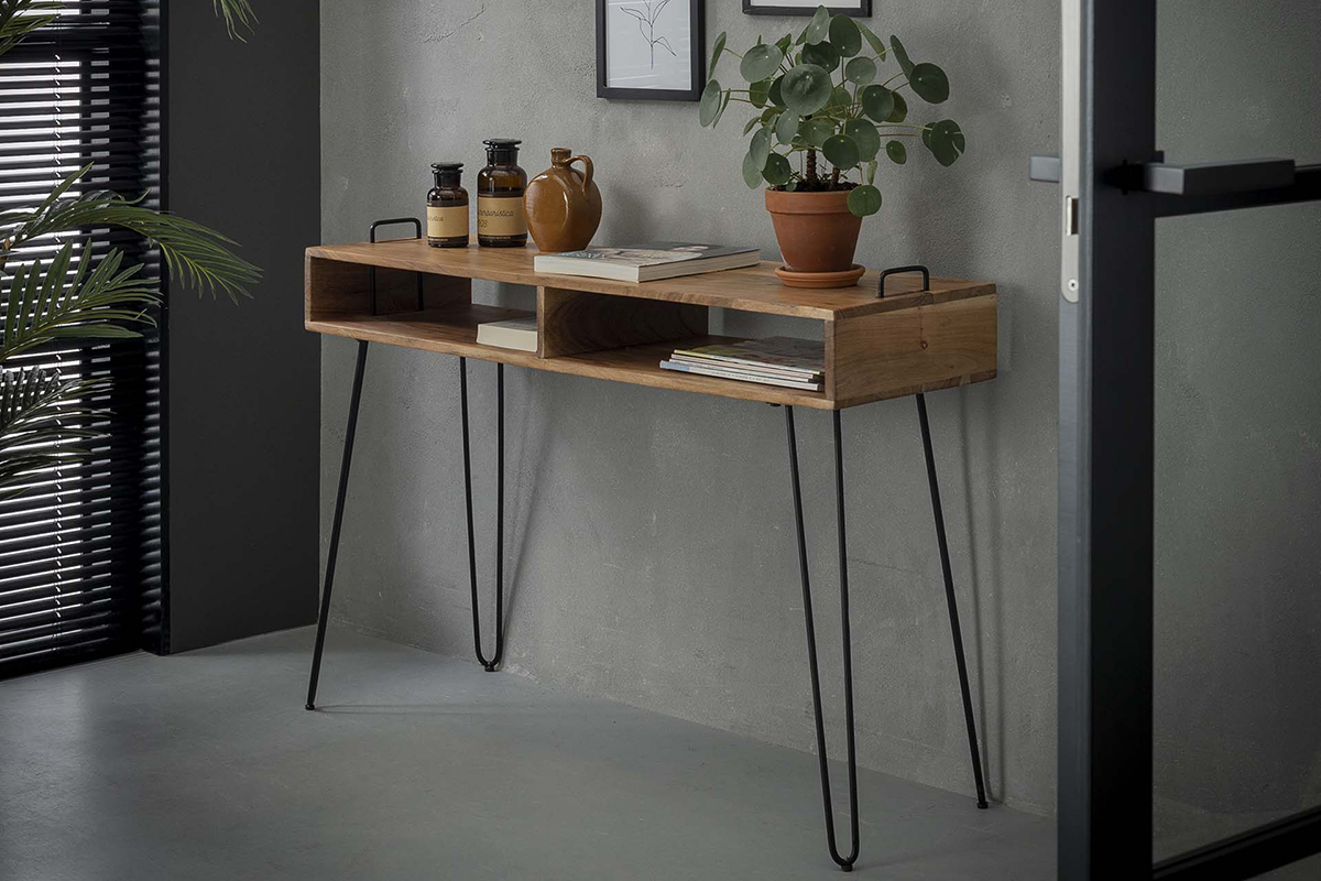 Consola con almacenaje en madera de acacia y metal negro ALVIN