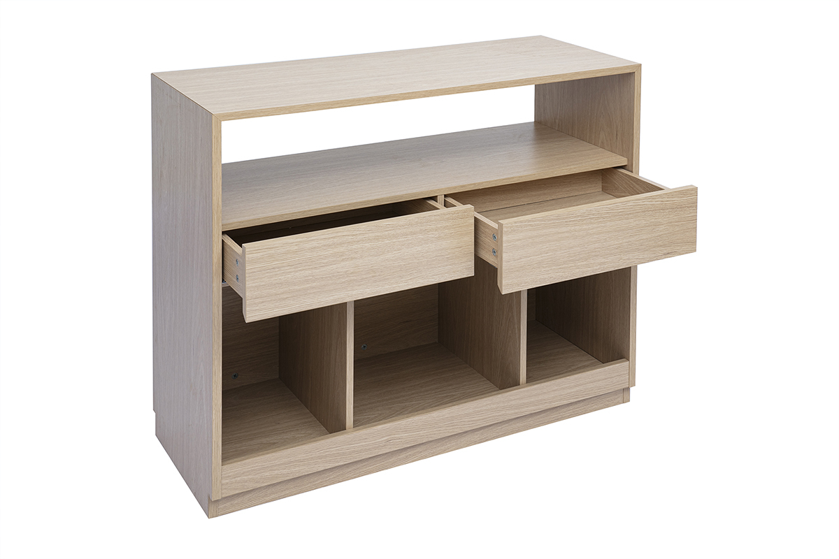 Consola de madera clara RUBINA con cajones abiertos, tres nichos de almacenamiento. Vista 3/4.