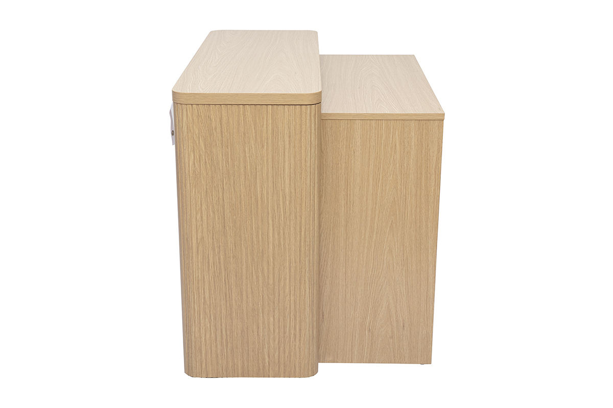 Consola de madera de roble claro con cajones, vista lateral.