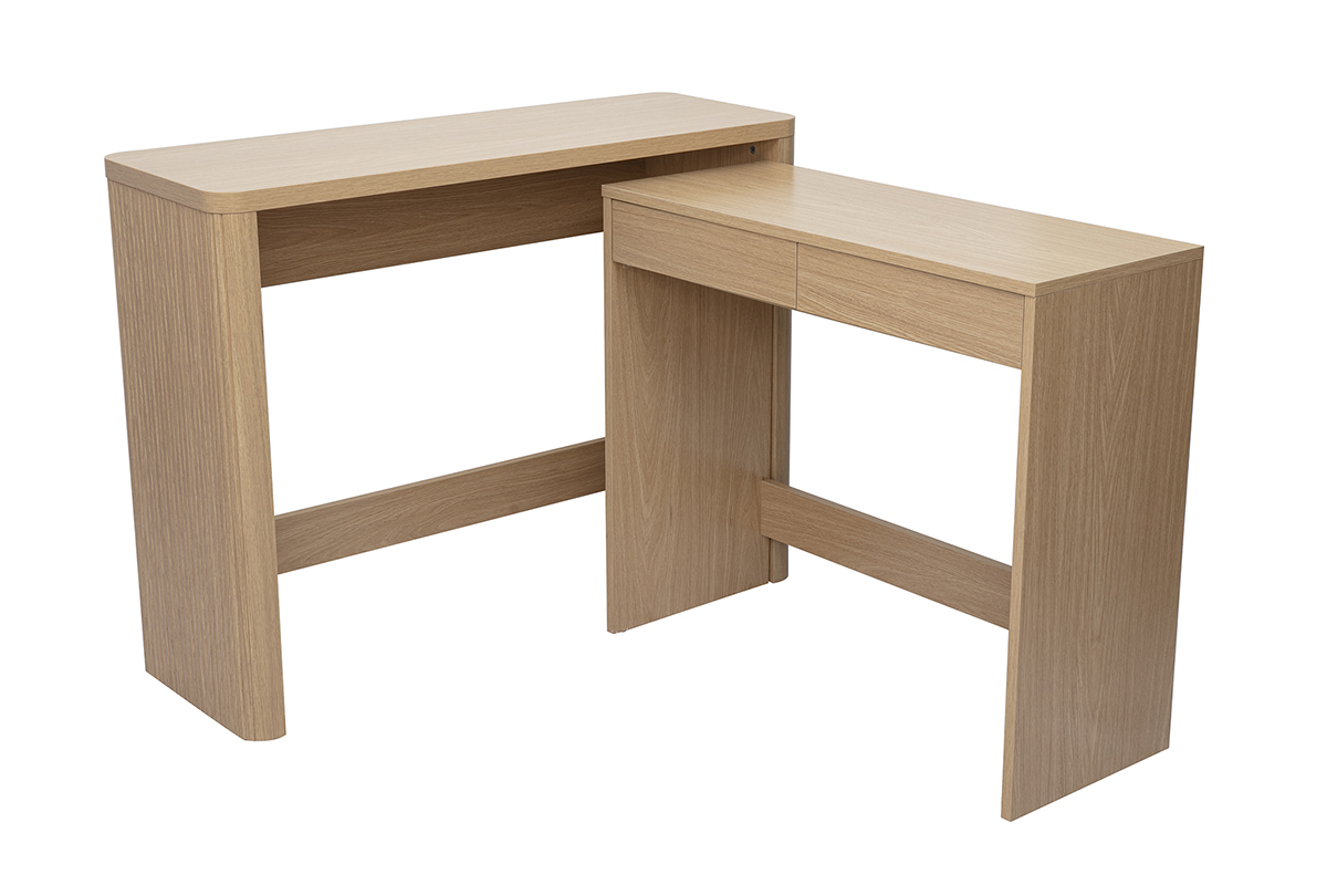 Consola de escritorio ENOLA con cajones de madera de roble claro, vista 3/4.