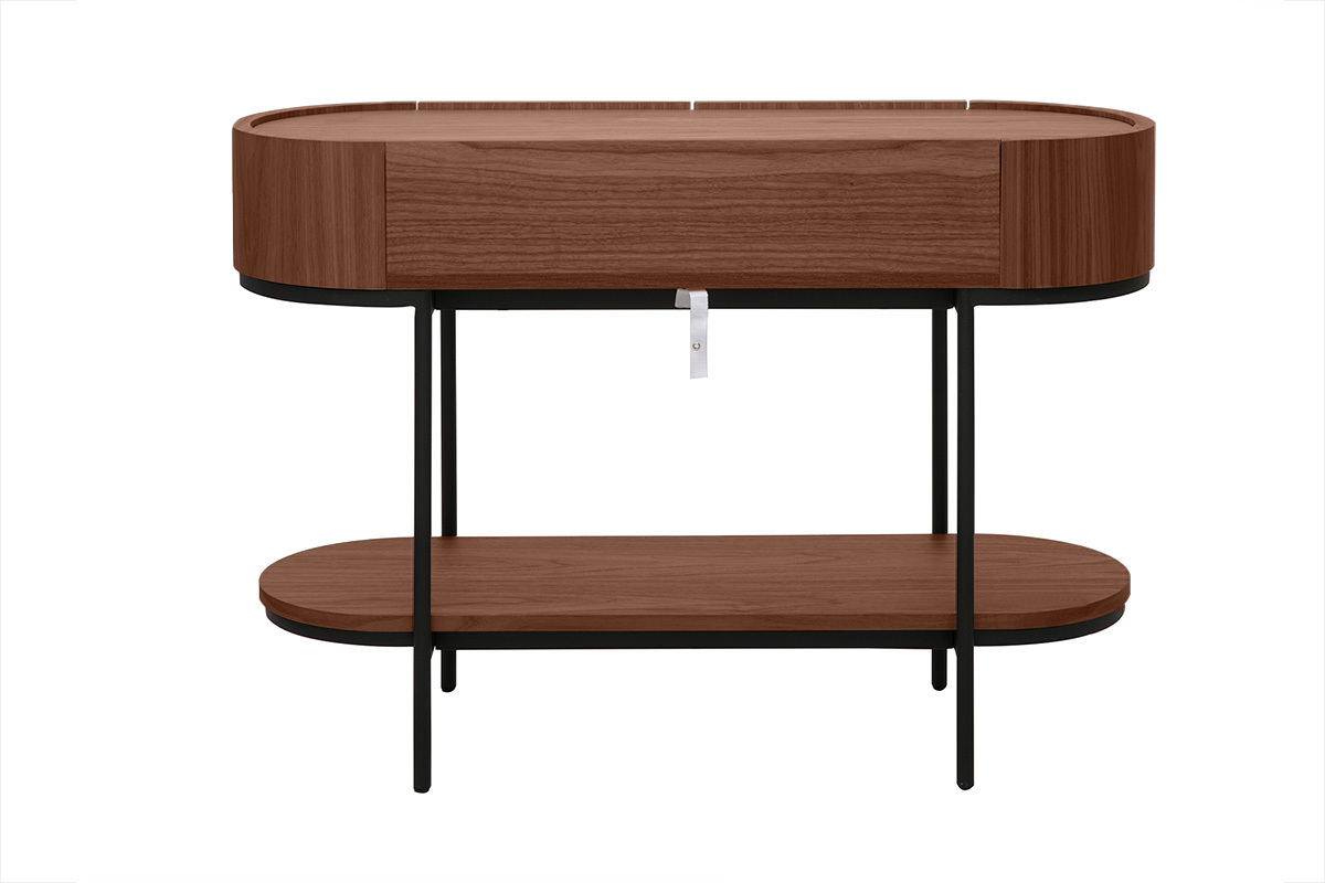 Consola de diseo en madera oscura de nogal y metal negro con cajones, vista trasera.