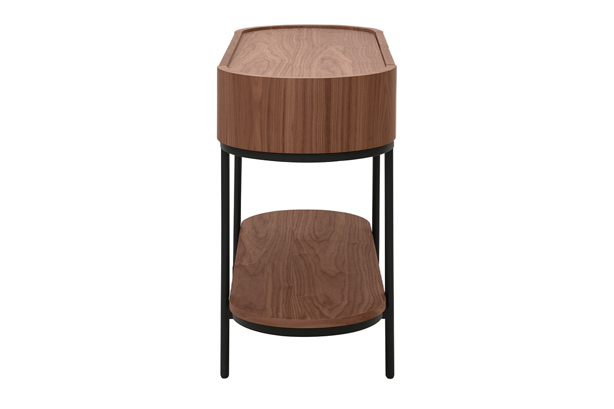 Consola vista lateral en madera de nogal y metal negro con bandeja y cajones ovalados.
