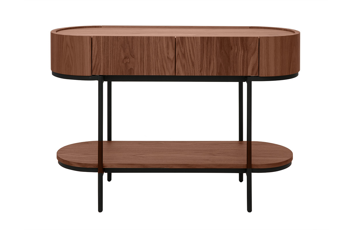 Consola SKYE de madera oscura con cajones, estructura de metal negro. Vista frontal.