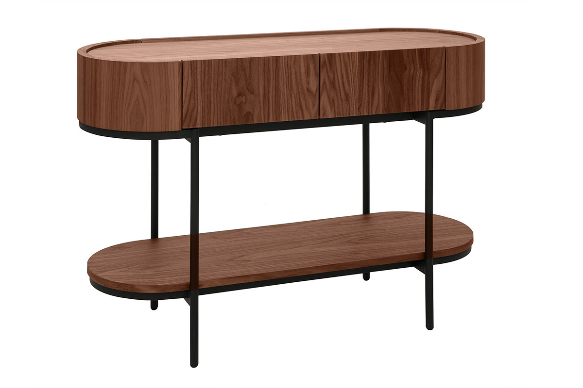 Consola de nogal oscuro con metal negro, vista de 3/4, dos cajones y estante inferior.