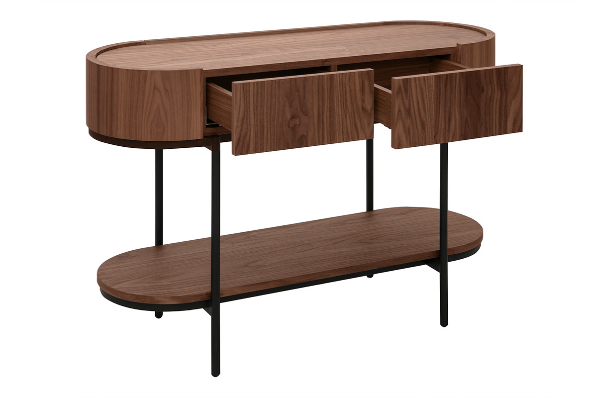 Consola SKYE de madera oscura de nogal con cajones abiertos y estructura de metal negro, vista desde una ligera altura.