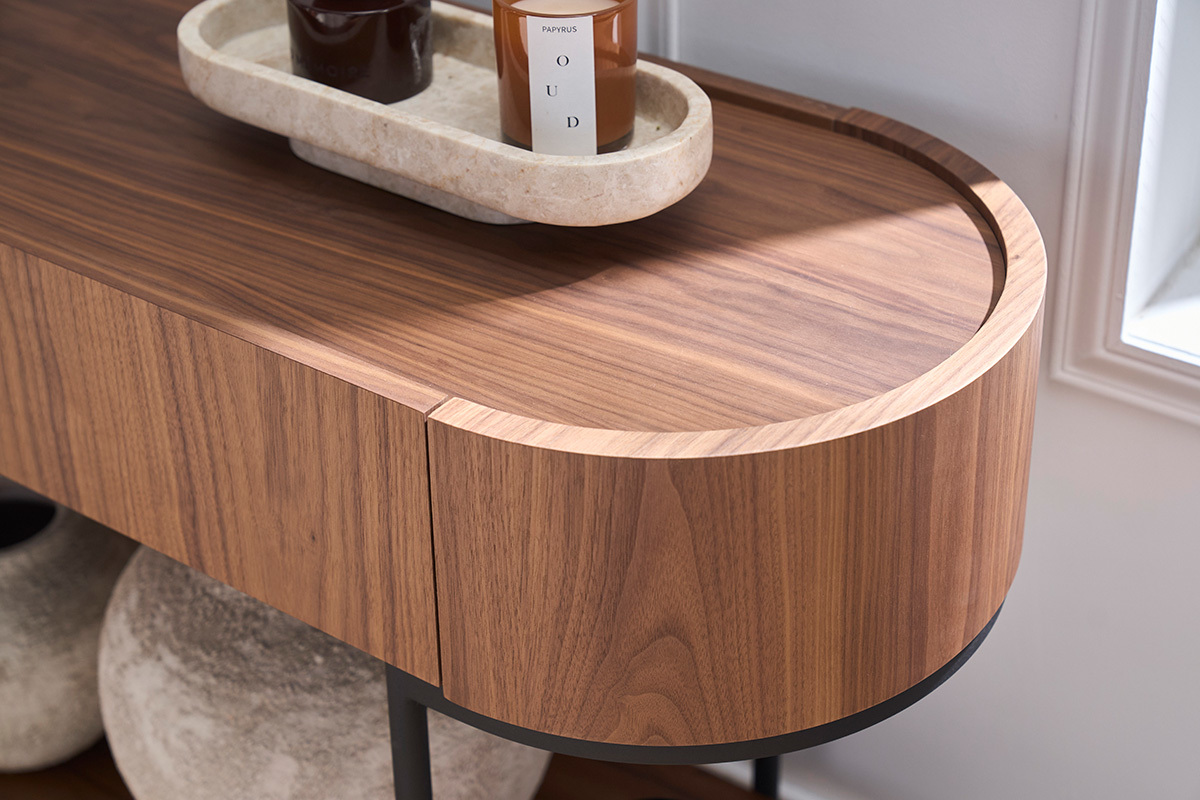 Consola de dise�o con cajones en madera oscura de nogal y metal negro L110 cm SKYE