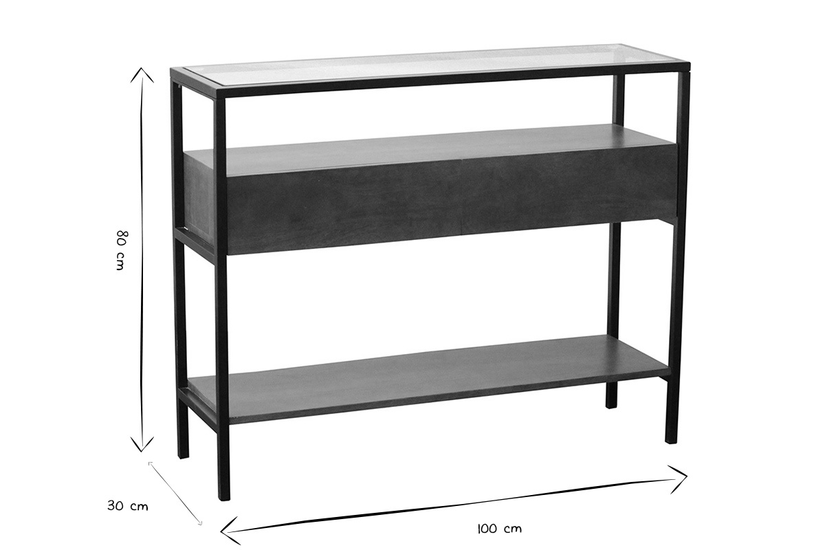Dimensiones de la consola SITA en blanco y negro: L100 x P30 x H80 cm